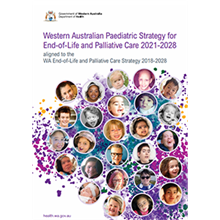 Western Australian Paediatric Strategy for End-of-Life and Palliative Care 2021-2028 front cover. Features 26 faces of children who have received end-of-life and palliative care services in Western Australia and are included with permission from their families. The faces are framed in light purple circles over a purple patterned background. 