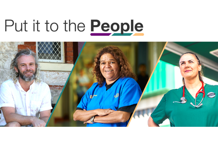 'Put it to the People' text written at the top of image, with three photos of people included; one male in a white shirt, one female in blue scrubs and a second female in green scrubs.