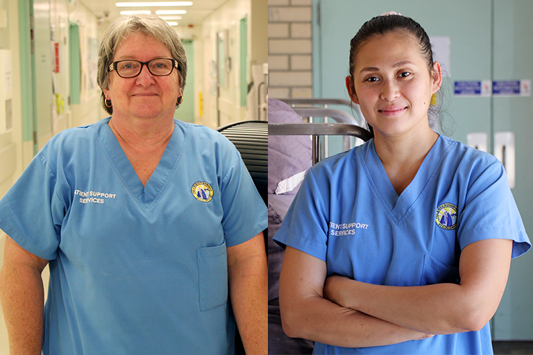 Two side by side images of female patient support services staff