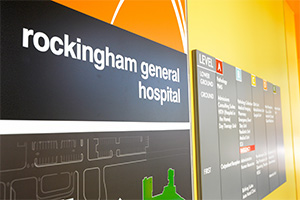 A map and directional signage for Rockingham General Hospital