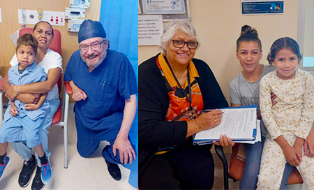 There are two photos. Left photo: an Aboriginal boy sits on an Aboriginal woman's lap while a doctor kneels beside them. Right photo: An Aboriginal Health Liaison Officer sits next to an Aboriginal woman with a child on her lap.