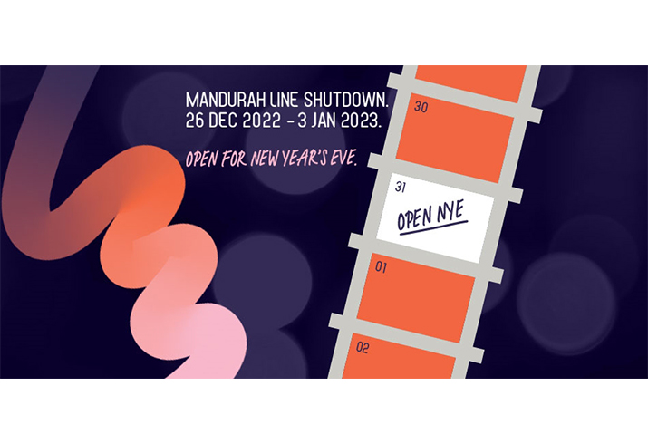 Text reads Mandurah rail shutdown. 26 December 2022 to 3 January 2023. Open for New Year's Eve